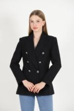Siyah Tüvit Kruvaze Blazer Ceket