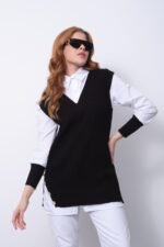 Siyah V Yaka Örgü Süveter Gömlek