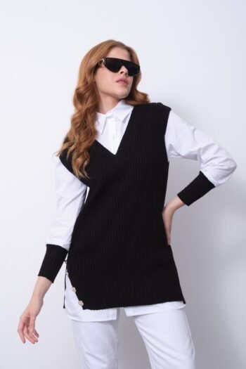 Siyah V Yaka Örgü Süveter Gömlek
