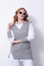 Siyah V Yaka Örgü Süveter Gömlek - Görsel 4