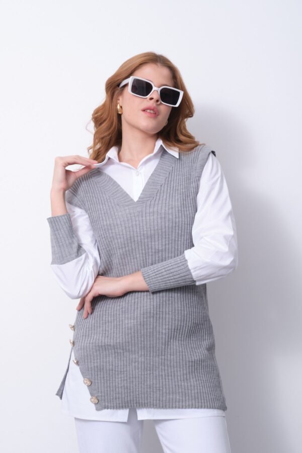 Siyah V Yaka Örgü Süveter Gömlek - Görsel 4