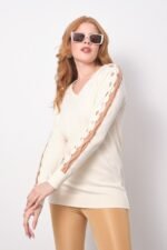 Siyah Kol Delik Detay Triko Bluz Kazak - Görsel 2