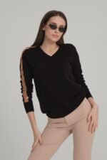 Siyah Kol Delik Detay Triko Bluz Kazak