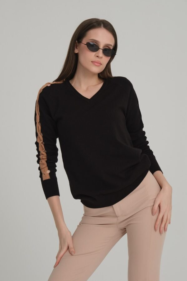 Lacivert Kol Delik Detay Triko Bluz Kazak - Görsel 2