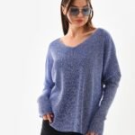 Mavi Yandan Yırtmaç Detay Triko Bluz Kazak