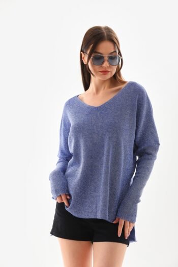 Mavi Yandan Yırtmaç Detay Triko Bluz Kazak