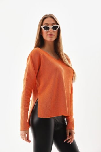 Turuncu Yandan Yırtmaç Detay Triko Bluz Kazak