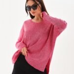 Pembe Yandan Yırtmaç Detay Triko Bluz Kazak