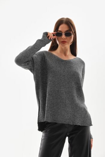 Gri Yandan Yırtmaç Detay Triko Bluz Kazak