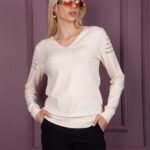Beyaz V Yaka Triko Bluz Kazak