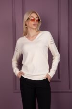 Beyaz V Yaka Triko Bluz Kazak