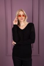 Beyaz V Yaka Triko Bluz Kazak - Görsel 4