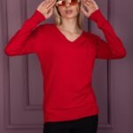 Kırmızı V Yaka Triko Bluz Kazak