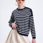 Siyah Omuz Düğme Detay Çizgili Triko Bluz Kazak