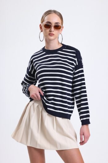 Siyah Omuz Düğme Detay Çizgili Triko Bluz Kazak