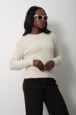 Pembe Bisiklet Yaka İnci İşlemeli Kazak - Görsel 2