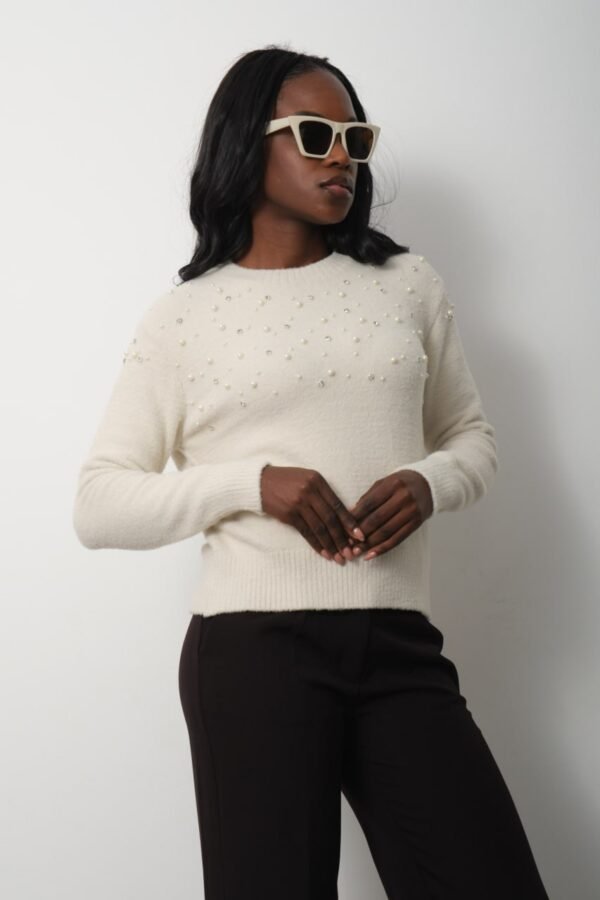 Pembe Bisiklet Yaka İnci İşlemeli Kazak - Görsel 2