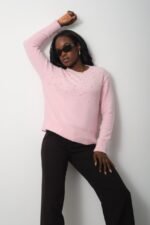 Pembe Bisiklet Yaka İnci İşlemeli Kazak