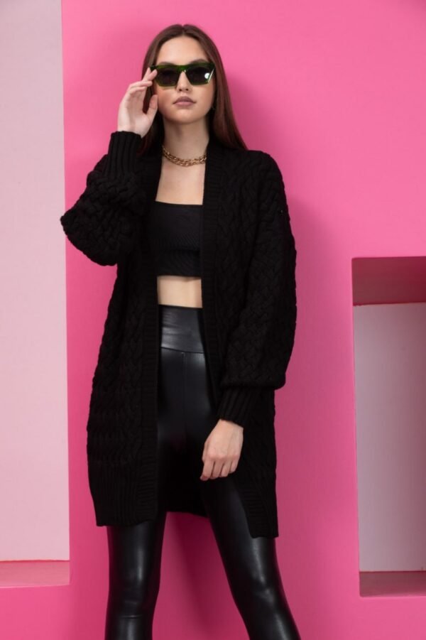 Siyah Örgü Model Uzun Hırka - Görsel 2