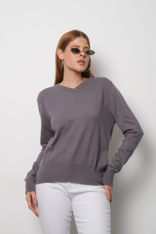 Ekru V Yaka Triko Bluz Kazak - Görsel 2