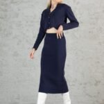 Lacivert Crop Hırka Etek Takım