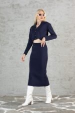 Lacivert Crop Hırka Etek Takım