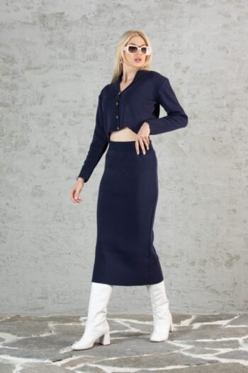 Lacivert Crop Hırka Etek Takım