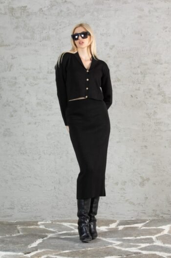 Siyah Crop Hırka Etek Takım