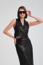 Pul Payet Yelek ve Yırtmaçlı Kalem Etek Takım - Görsel 2