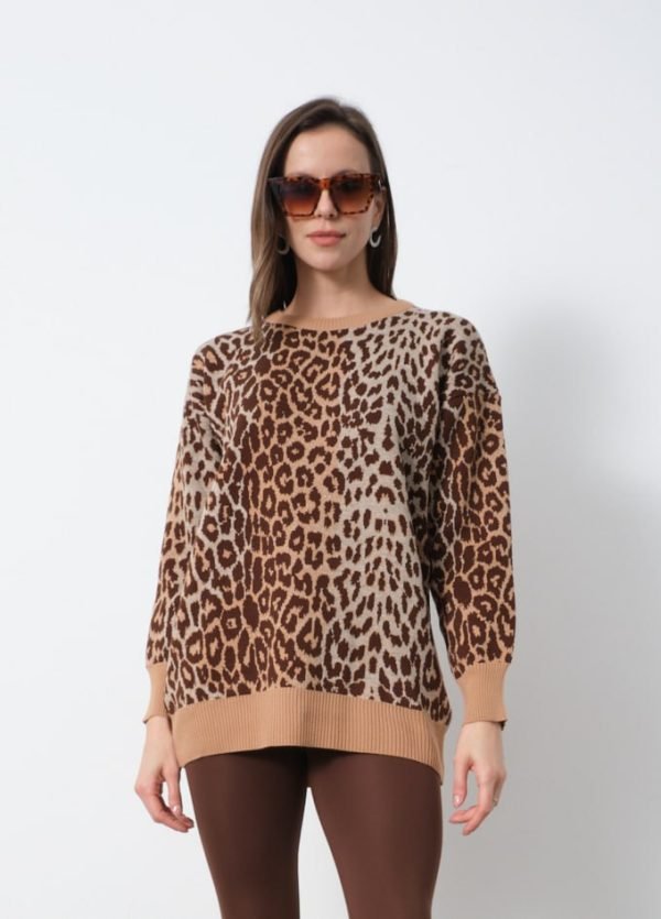 Gri Leopar Desenli Bisiklet Yaka Kazak - Görsel 6