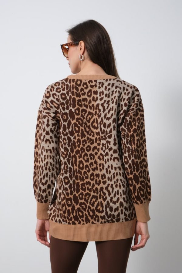 Kahverengi Leopar Desenli Bisiklet Yaka Kazak - Görsel 3