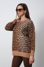 Kahverengi Leopar Desenli Bisiklet Yaka Kazak - Görsel 2