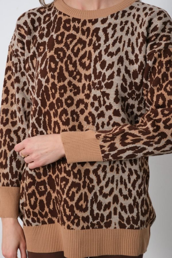 Kahverengi Leopar Desenli Bisiklet Yaka Kazak - Görsel 4