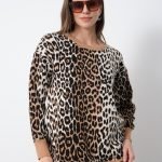 Beyaz Leopar Desenli Bisiklet Yaka Kazak