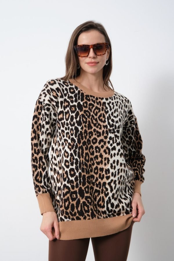 Gri Leopar Desenli Bisiklet Yaka Kazak - Görsel 5