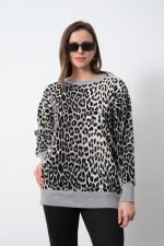 Gri Leopar Desenli Bisiklet Yaka Kazak