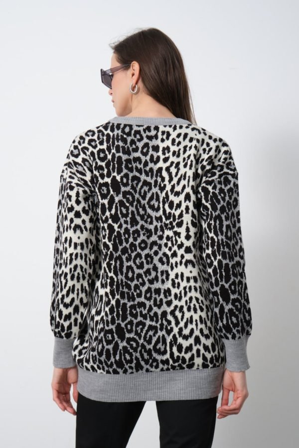 Gri Leopar Desenli Bisiklet Yaka Kazak - Görsel 4