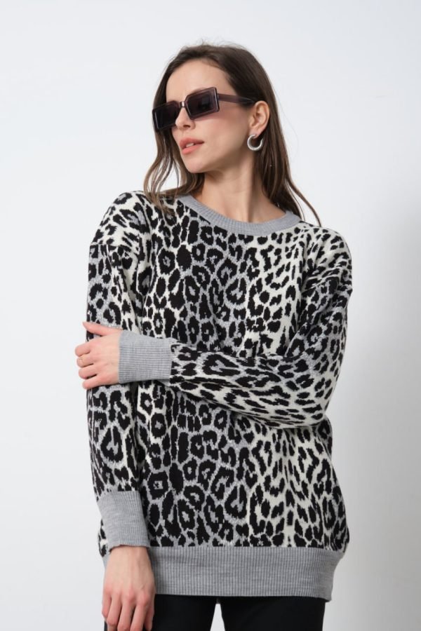Gri Leopar Desenli Bisiklet Yaka Kazak - Görsel 2
