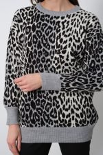 Gri Leopar Desenli Bisiklet Yaka Kazak - Görsel 3