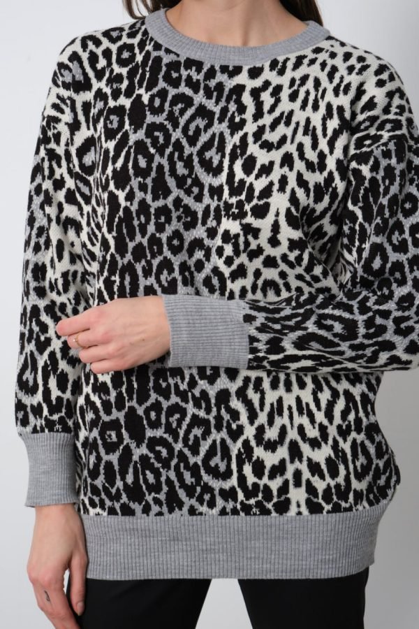Gri Leopar Desenli Bisiklet Yaka Kazak - Görsel 3