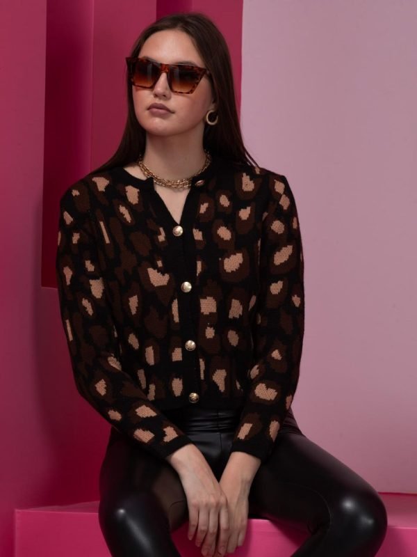 Beyaz Leopar Desenli Triko Hırka - Görsel 5