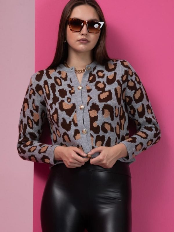 Beyaz Leopar Desenli Triko Hırka - Görsel 4