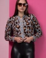 Gri Leopar Desenli Triko Hırka