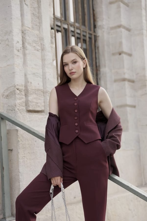Bordo Blazer Ceket Yelek ve Pantolon Takım - Görsel 2