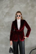 Bordo Slim Fit Kadife Ceket