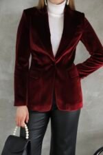 Bordo Slim Fit Kadife Ceket - Görsel 5