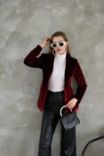 Bordo Slim Fit Kadife Ceket - Görsel 2